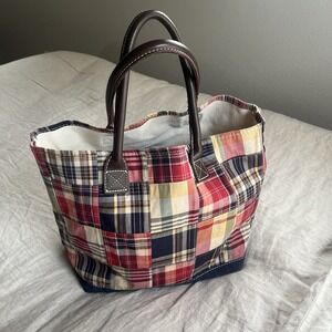 Vintage L.L. Bean Plaid Patchwork Leather Handle Tote Canvas